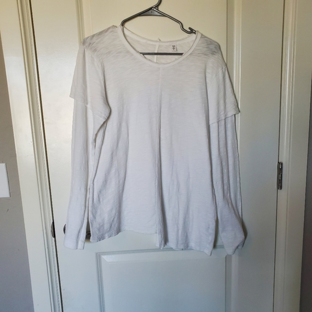Womens Long‎ Sleeve Slub Knit T-shirt Top Scoopneck White S